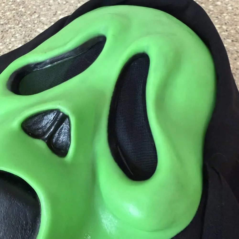 Vintage Easter Unlimited Ghost Face Scream Neon Green Mask Hood Halloween EUC